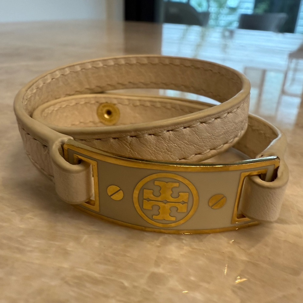 Tory Burch White Leather Bracelet with Gold Accents